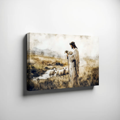 Christian wall art canvas of a shepherd in robe with sheep in a peaceful pastoral landscape