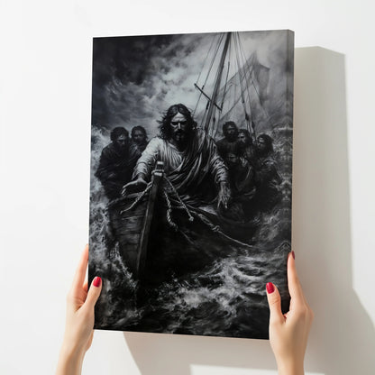 Christian wall art canvas showing Jesus calming a storm on a boat with disciples