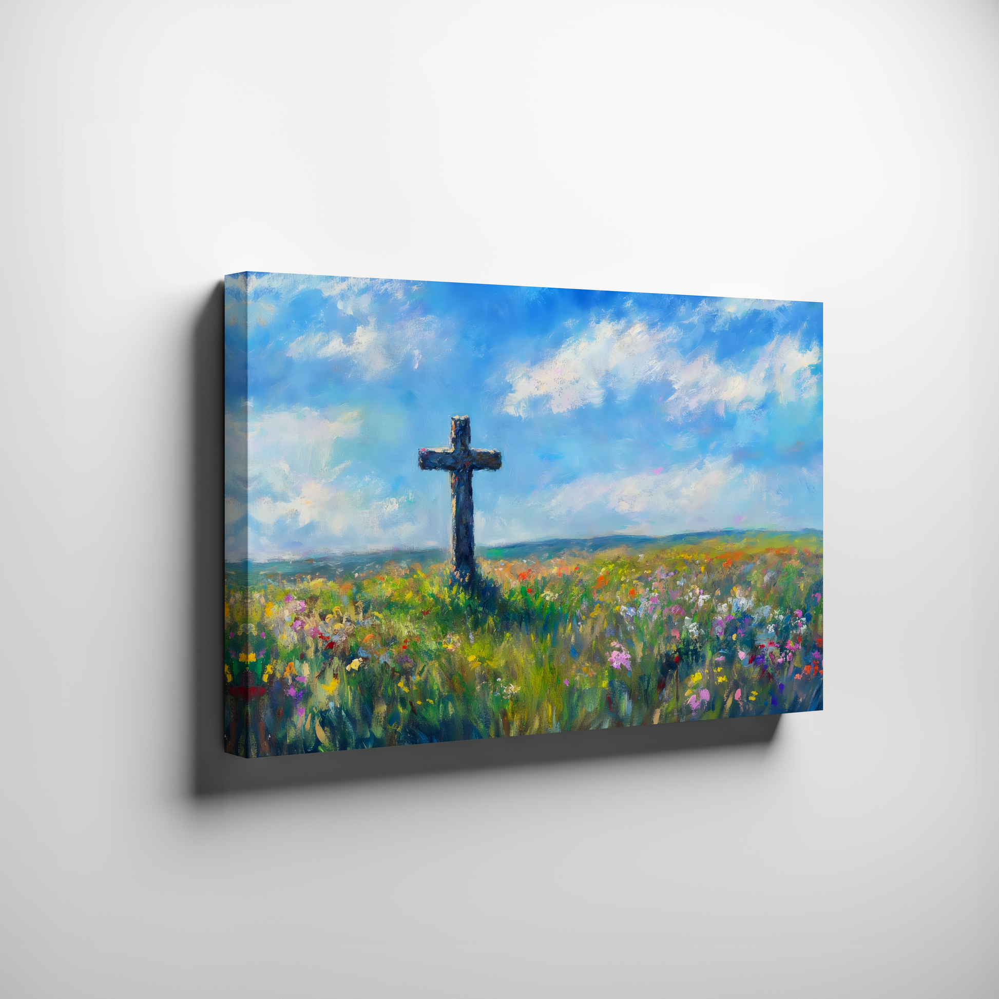 Christian cross wall art on canvas, standing in a vibrant wildflower field under a blue sky