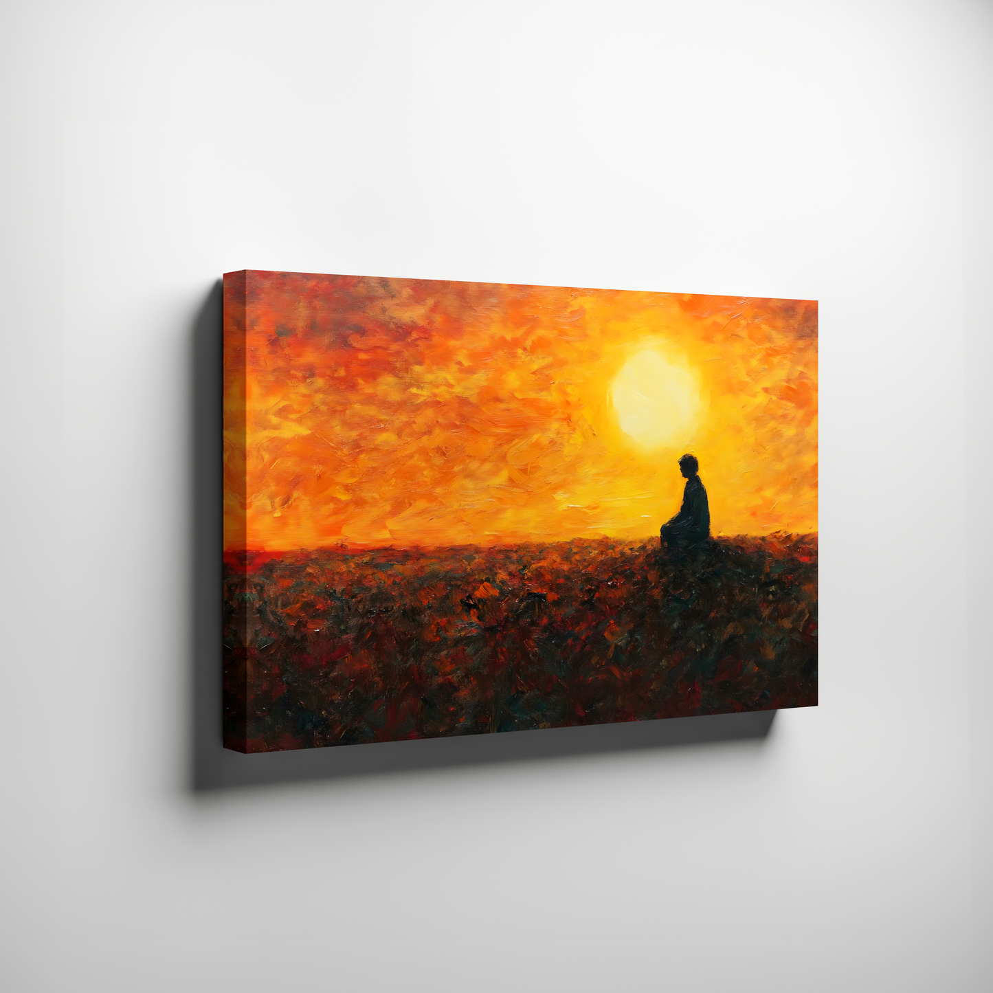 Canvas wall art of a person meditating at sunset with vivid orange and yellow sky