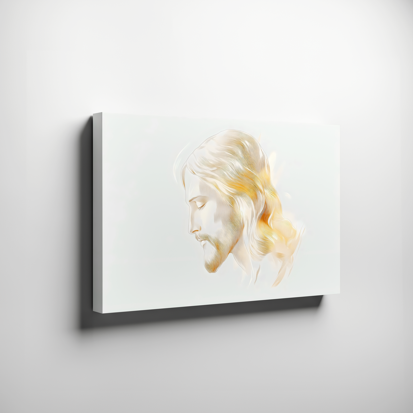 Minimalist canvas wall art featuring serene portrait of Jesus with soft golden light
