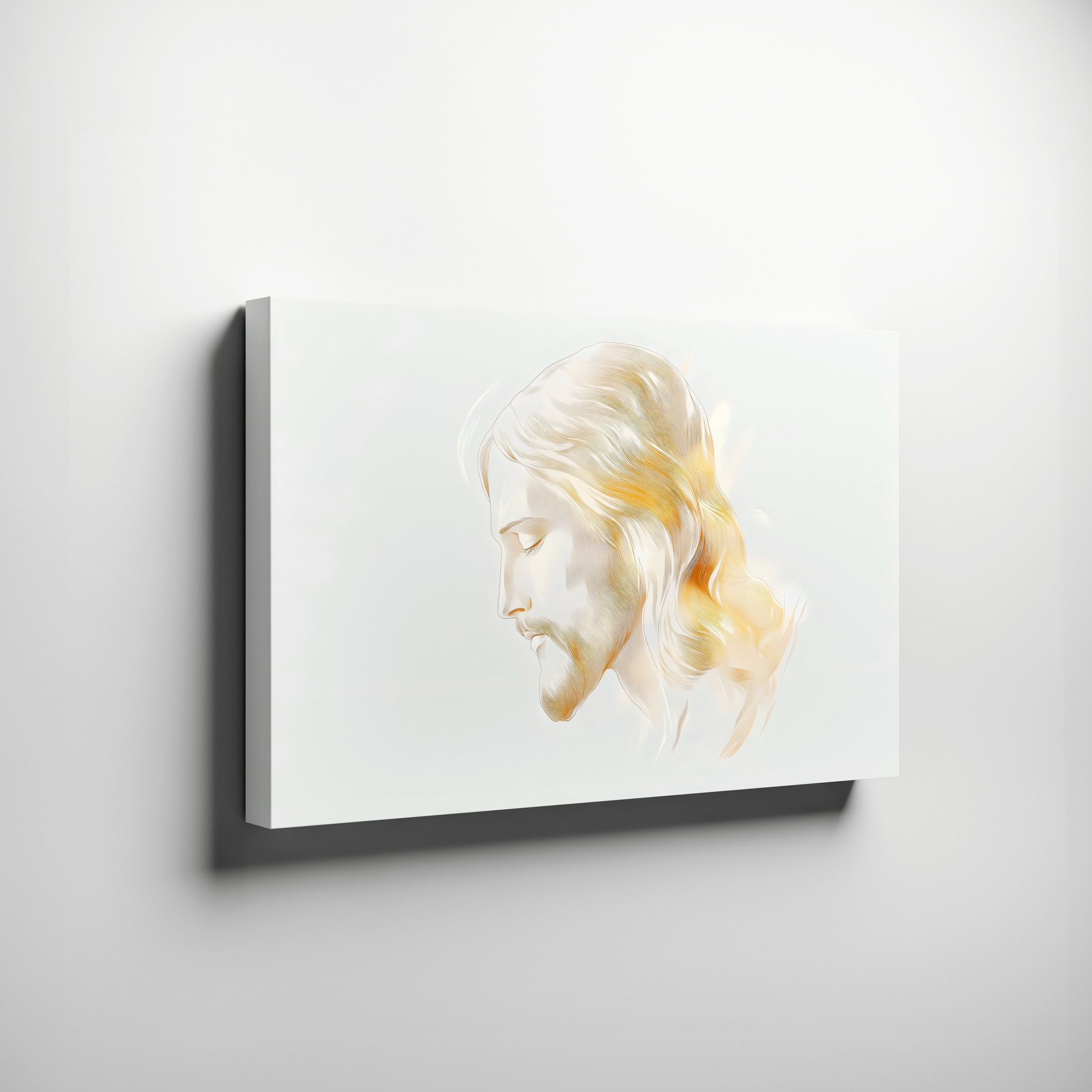 Minimalist canvas wall art featuring serene portrait of Jesus with soft golden light