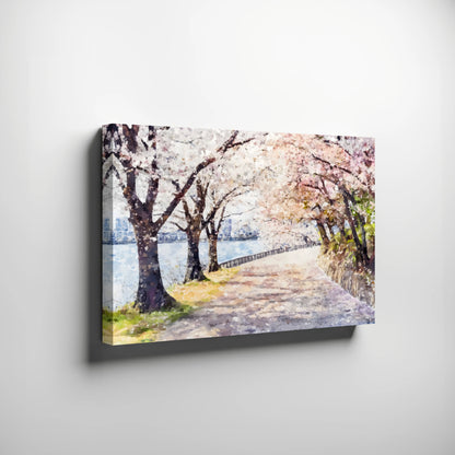 Cherry blossom river path canvas wall art with blooming trees and tranquil riverside scene