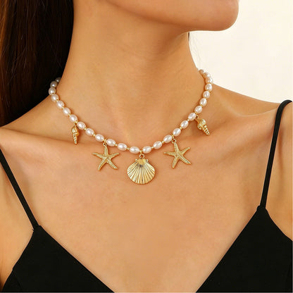 Layered Shell Pearl Starfish Pendant Bohemian Necklace – product view 19