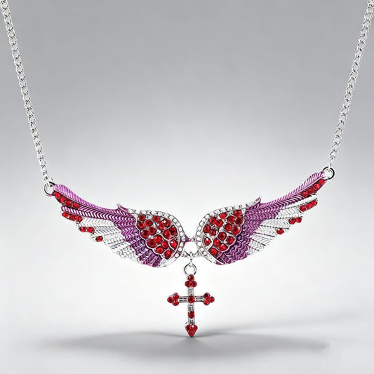 Red crystal angel wing necklace with cross drop