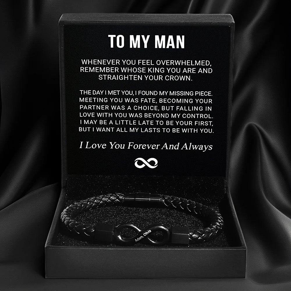 Engraved Leather & Steel Magnetic Bracelet – product view 1