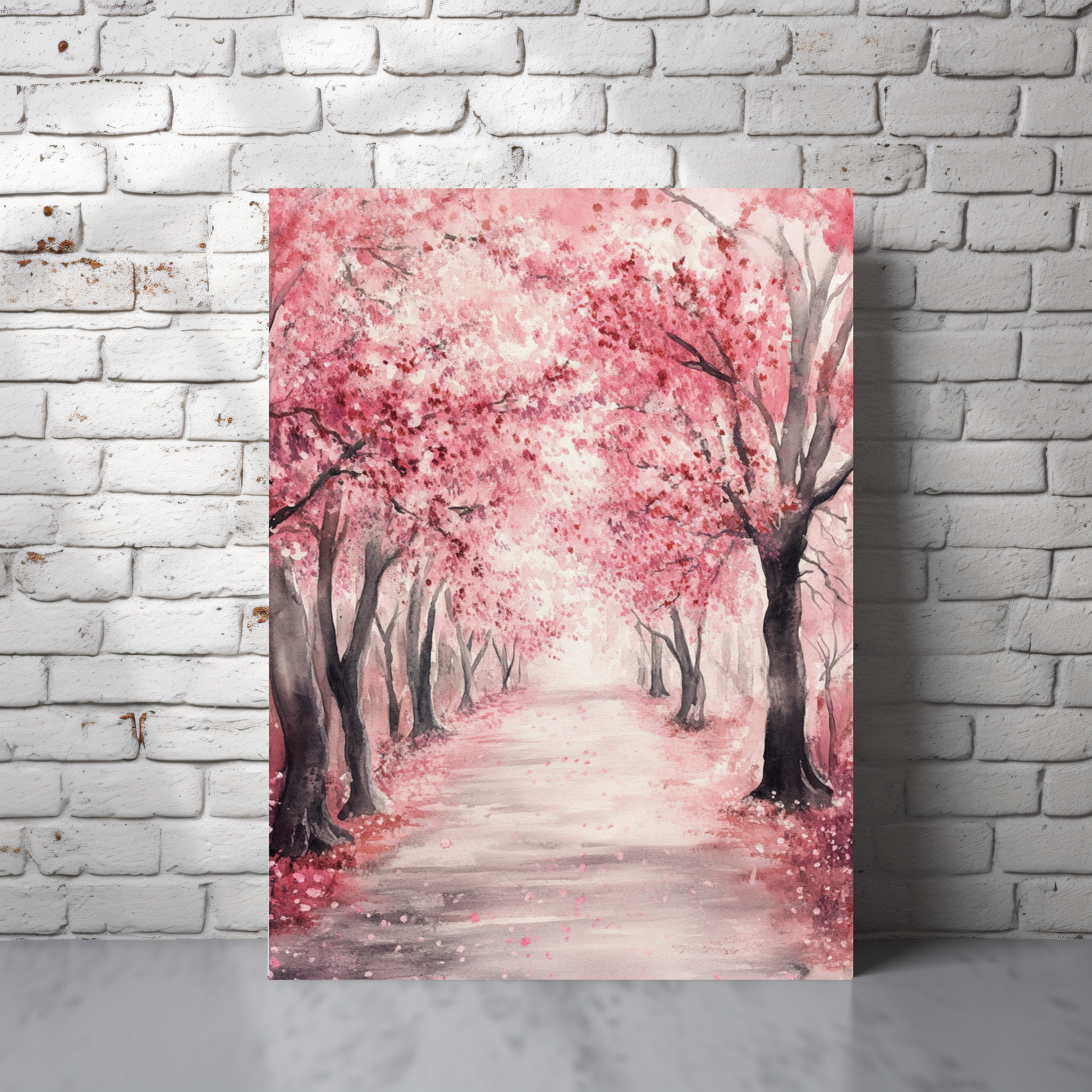 Watercolor wall art with pink cherry blossom trees lining a serene path against a white brick wall.