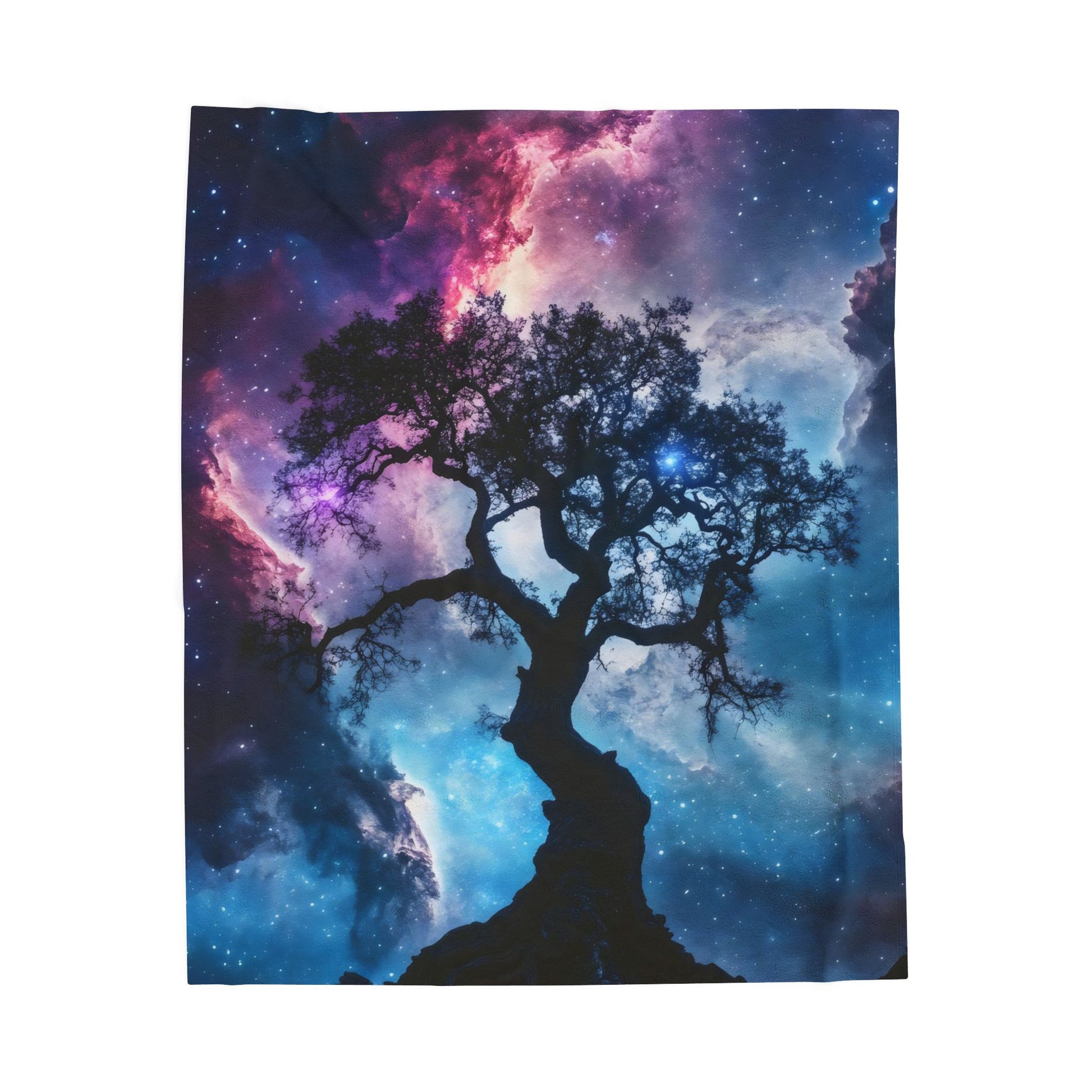 Silhouette of a tree against a colorful cosmic sky with stars and nebula art print