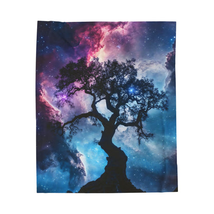Silhouette of a tree against a colorful cosmic sky with stars and nebula art print