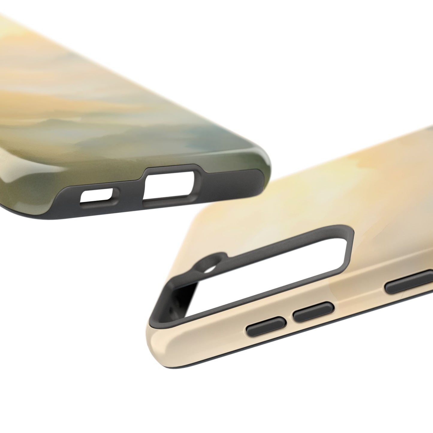 Abstract pastel phone cases with soft gradient design, close-up of cutouts and buttons