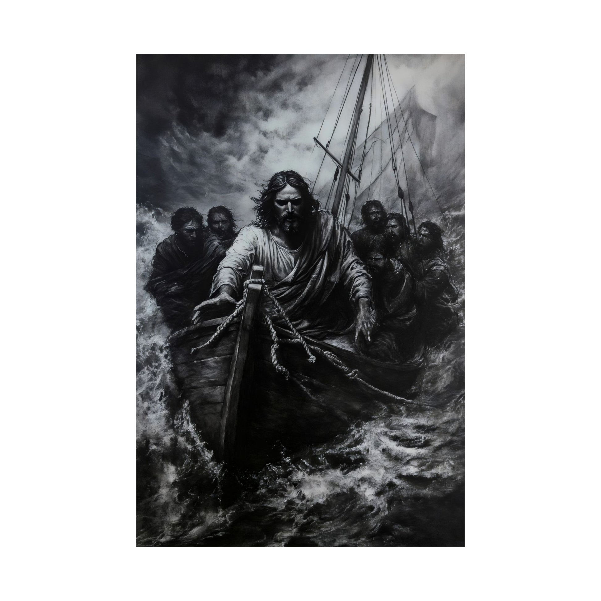 Black and white Christian wall art of Jesus calming a storm on a boat with disciples.
