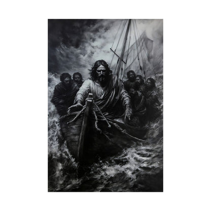 Black and white Christian wall art of Jesus calming a storm on a boat with disciples.