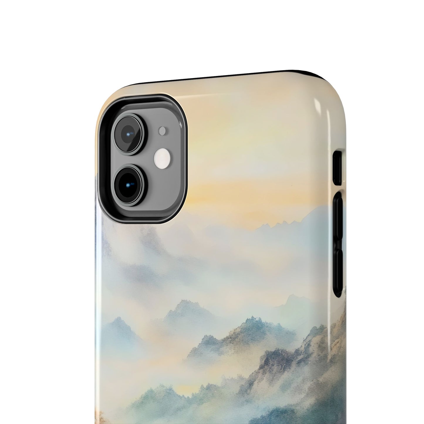 Phone case with serene pastel mountain landscape and misty sunrise design