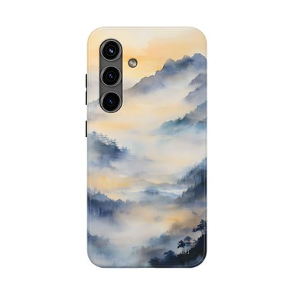 Phone case with serene watercolor mountain landscape and misty sunrise