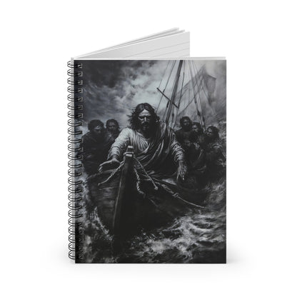 Christian spiral notebook with Jesus and disciples in a boat in a stormy sea, monochrome art