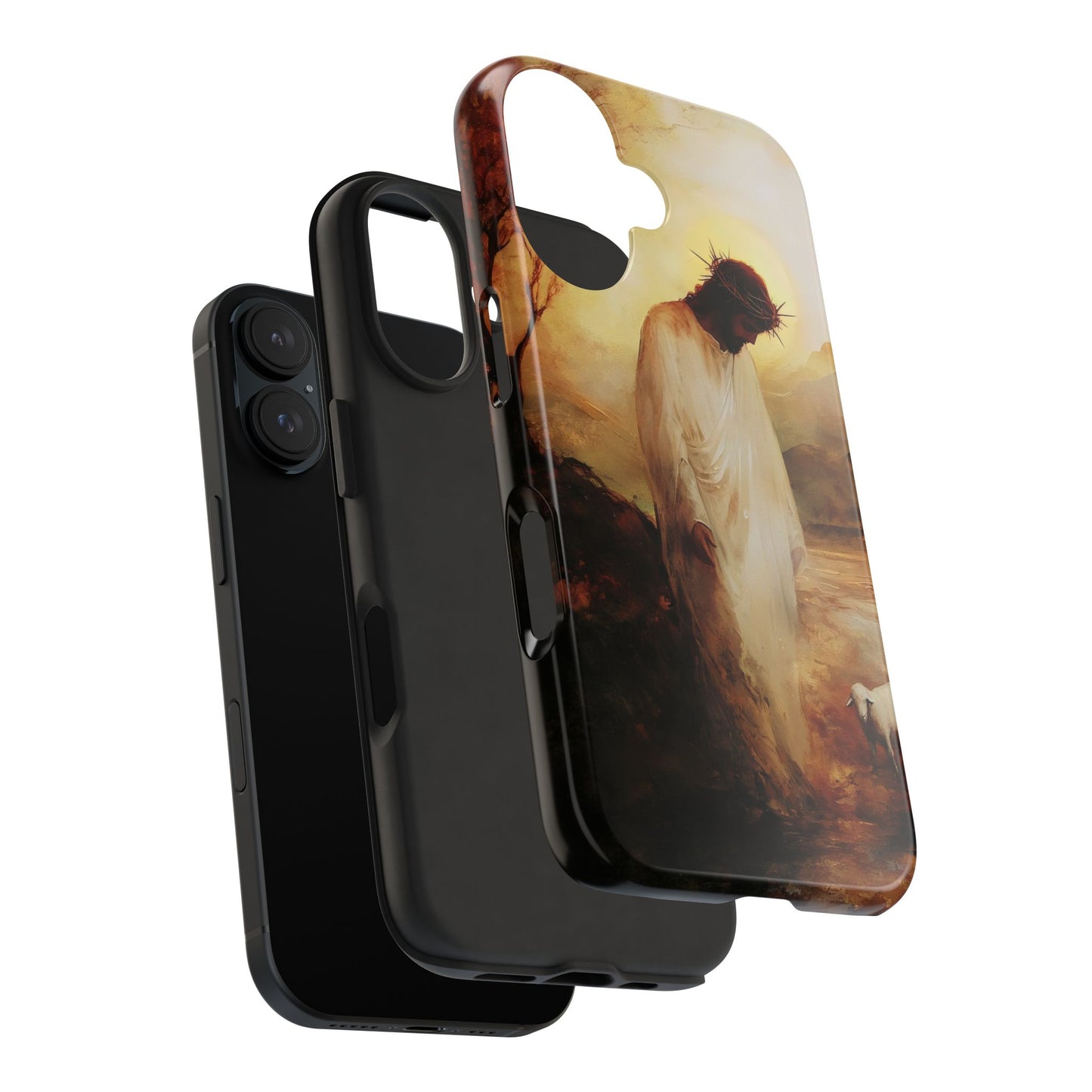 Christian phone case with art of Jesus in white robe and crown of thorns, peaceful landscape
