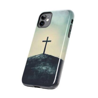 Christian cross on hill design phone case, spiritual faith-inspired accessory