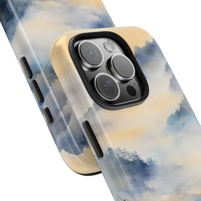 iPhone case with abstract watercolor misty landscape in blue and beige tones, close-up view