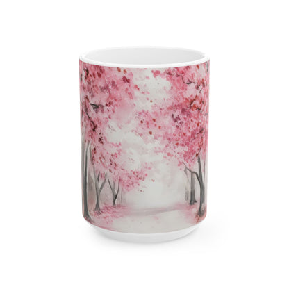 Ceramic mug with watercolor cherry blossom tree design and serene pink pathway
