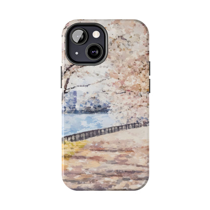 Impressionist phone case with a serene riverside path and blooming cherry blossom trees.
