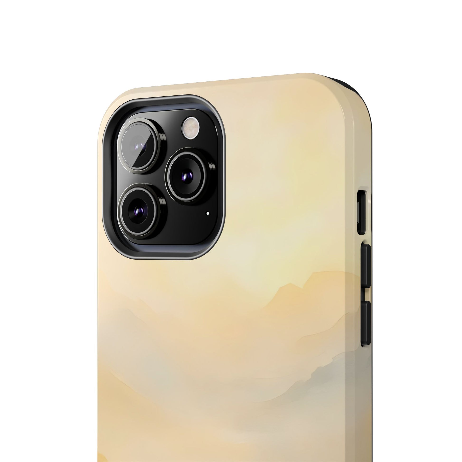 Minimalist iPhone case with soft pastel mountain landscape and misty yellow tones
