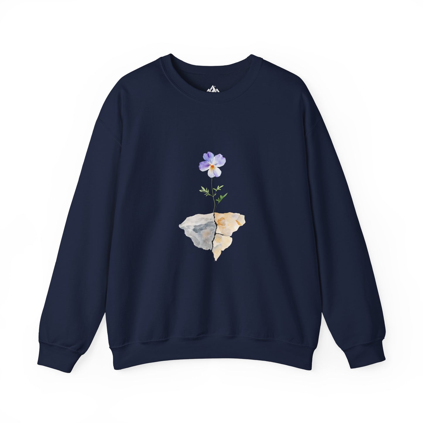 Navy blue sweatshirt with a purple flower growing through rocks graphic, mindful Christian apparel