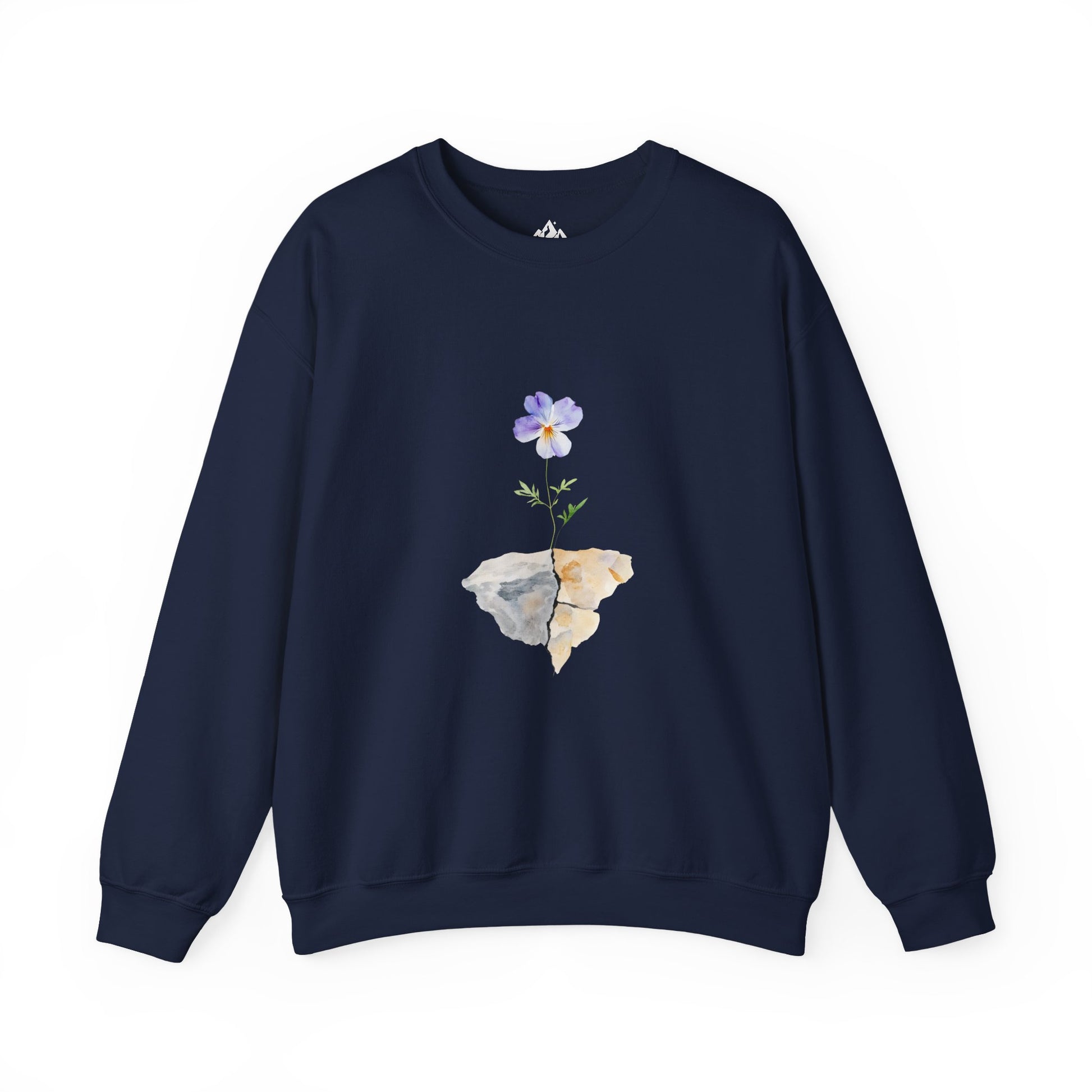 Navy blue sweatshirt with a purple flower growing through rocks graphic, mindful Christian apparel