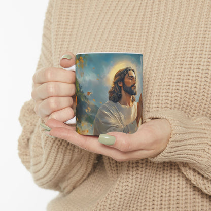 Woman holding ceramic mug with Christian art of praying Jesus and glowing halo