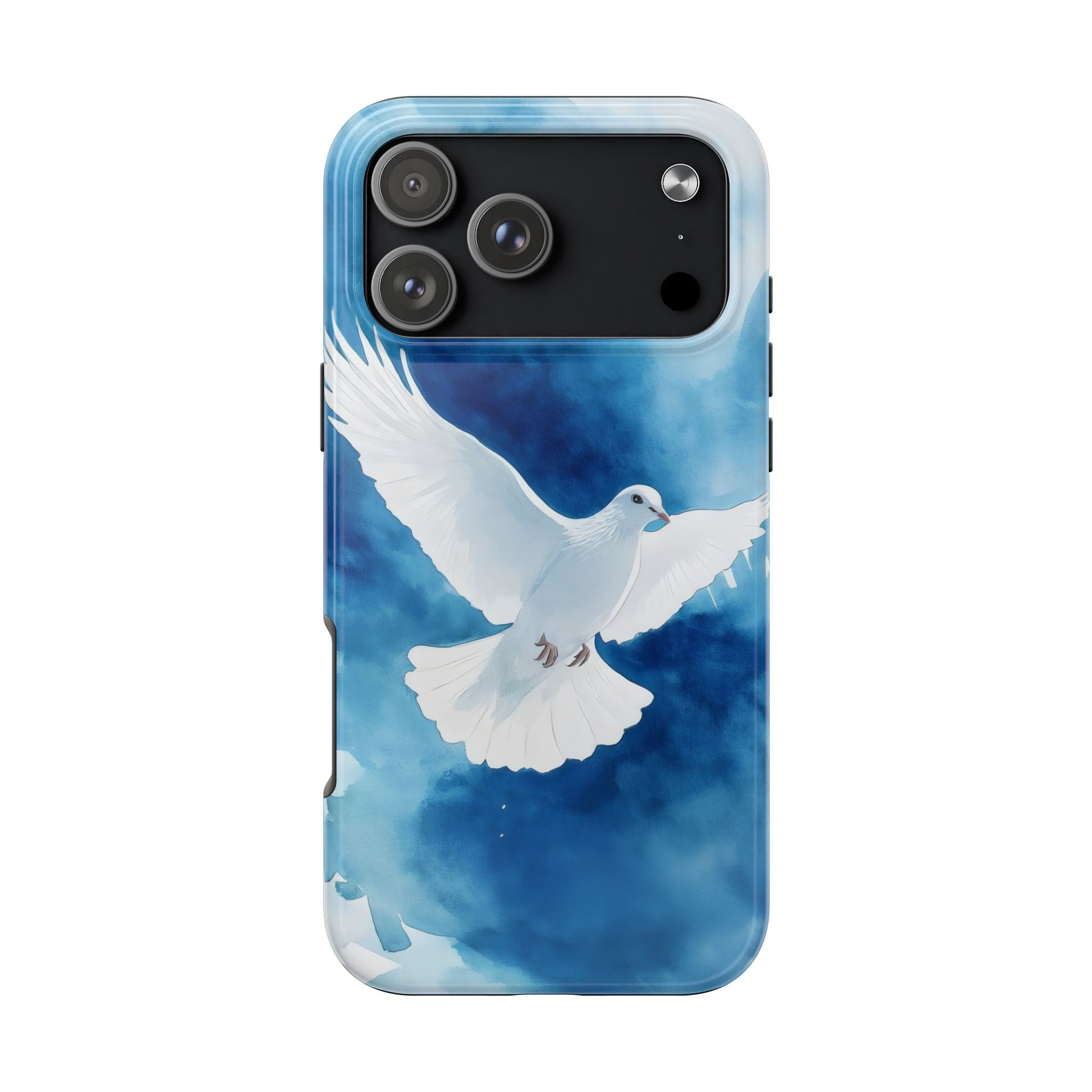 Phone case with white dove illustration on blue watercolor background, faith-inspired design