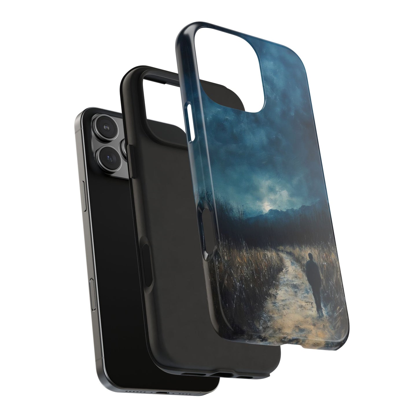 Phone case with contemplative path artwork, person walking under moody sky, faith-inspired design