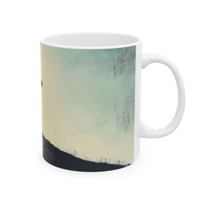 White ceramic mug with abstract cross and mountain Christian art design