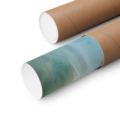 Rolled watercolor wall art print with calming blue and green tones in cardboard tube