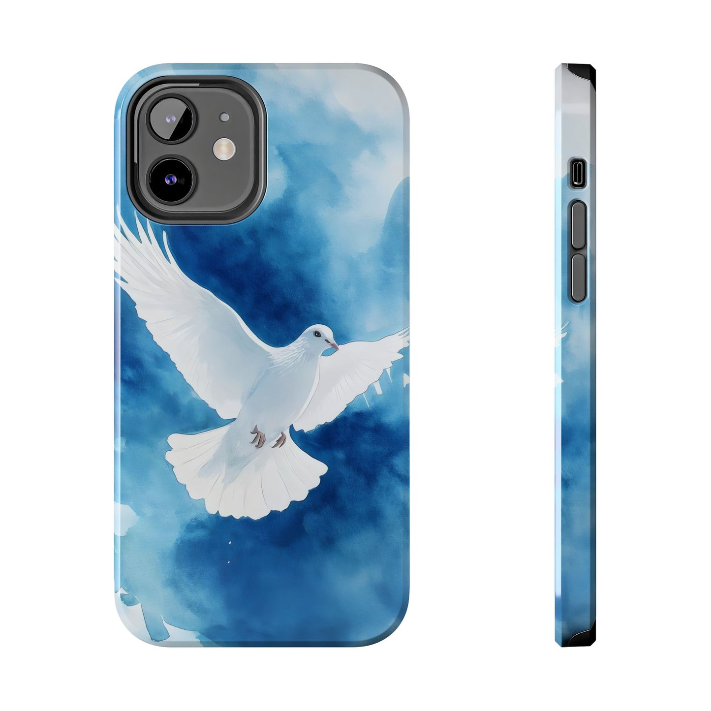 Christian phone case with white dove illustration on blue watercolor background