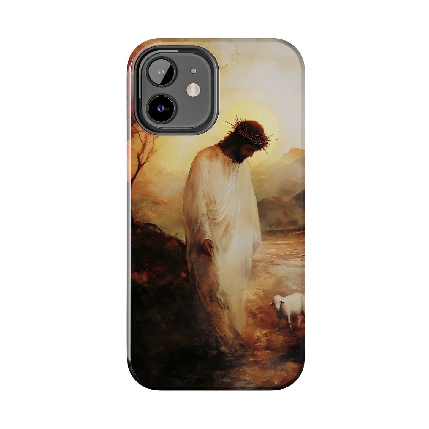 Christian phone case with Jesus in white robe and crown of thorns beside a lamb, nature scene