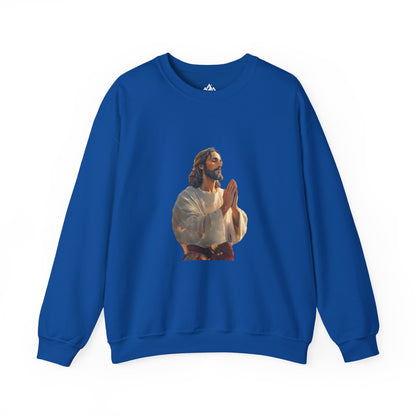 Blue Christian sweatshirt with praying Jesus illustration on front