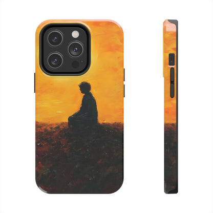 Phone case with silhouette of meditating person at sunset, spiritual and mindful art design
