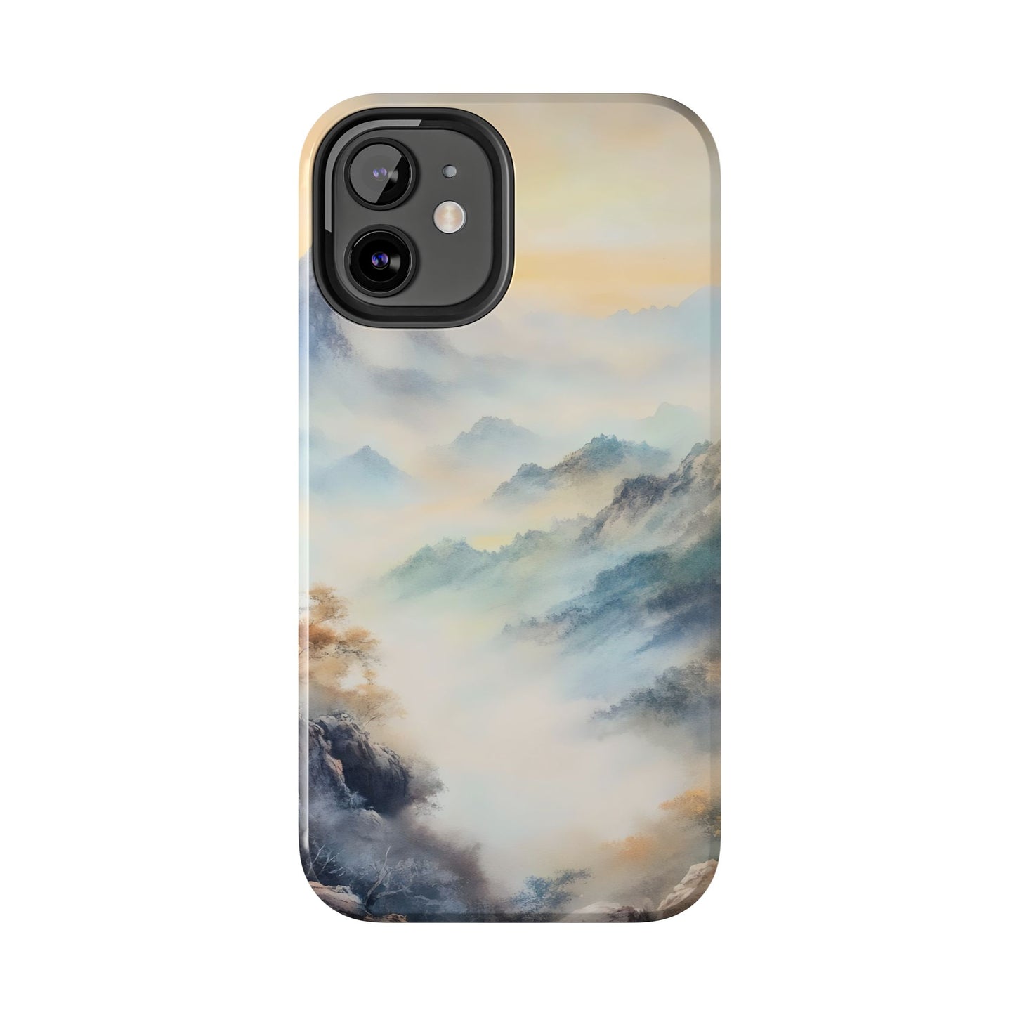 Phone case with serene misty mountain landscape in soft pastel watercolor style