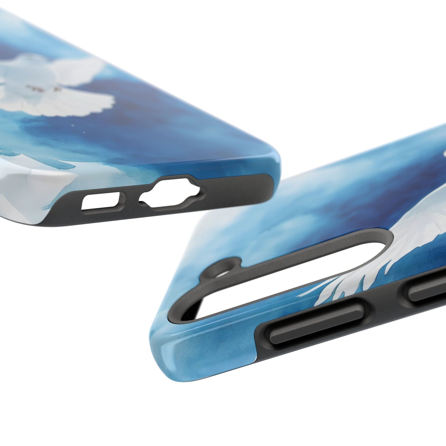 Blue phone cases with white dove and sky Christian art design, close-up view