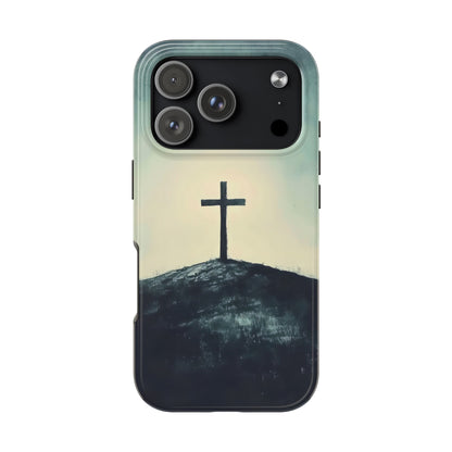 Christian cross hill design on phone case with serene, minimalist faith-inspired art