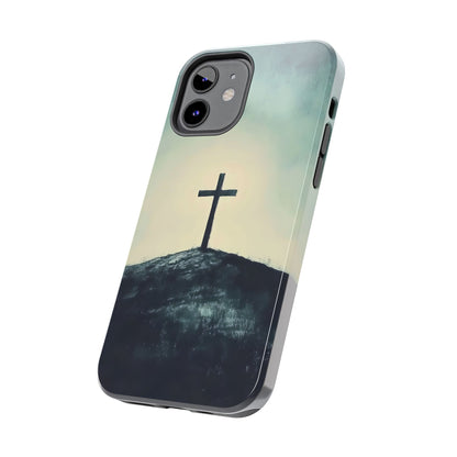 Christian phone case with cross on hill, faith-inspired design, spiritual decor accessory