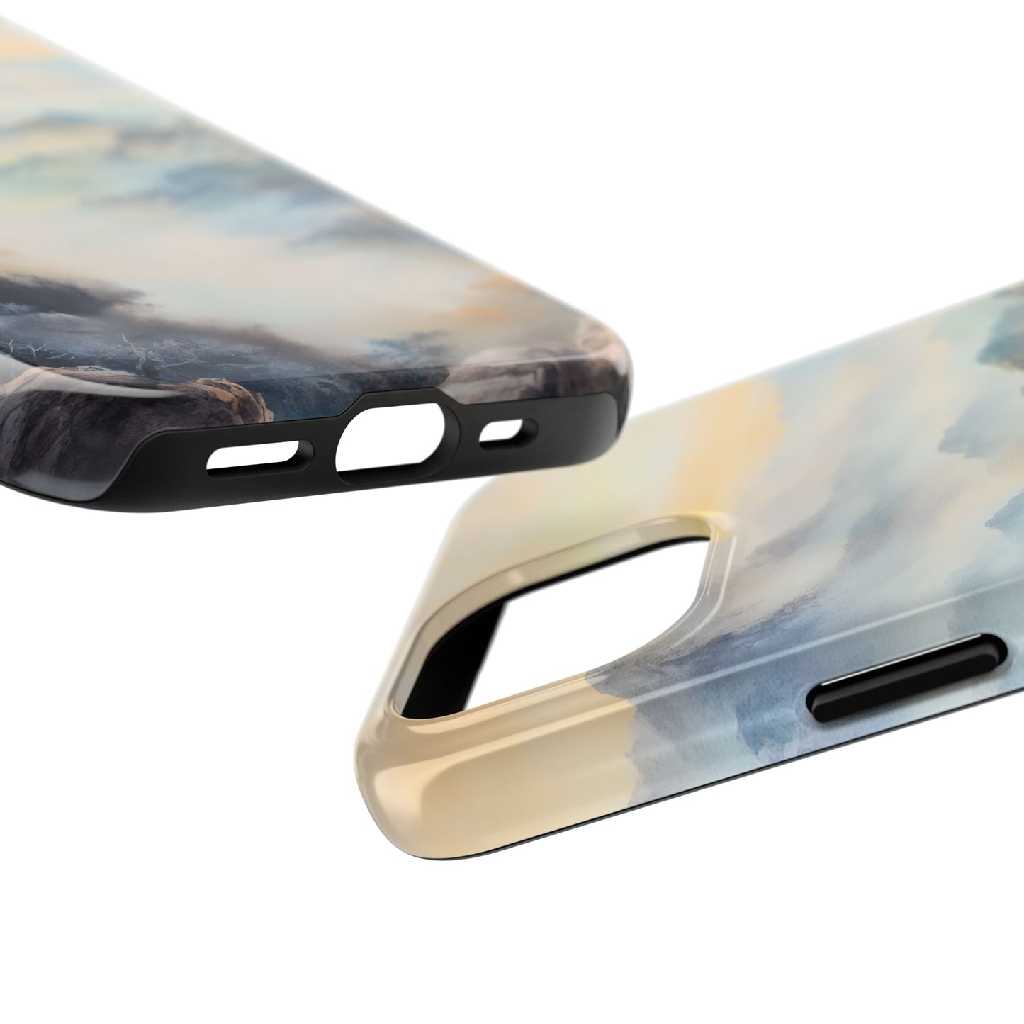 Abstract pastel cloud design phone case with smooth glossy finish, close-up view