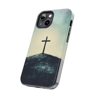 Christian phone case featuring a cross on a hill, minimalist faith-inspired design