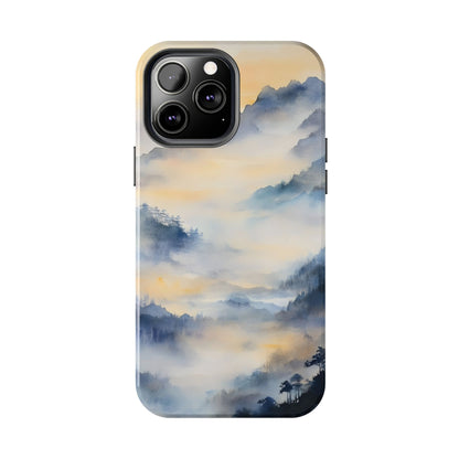 Phone case with serene watercolor mountain landscape in soft blue and yellow tones