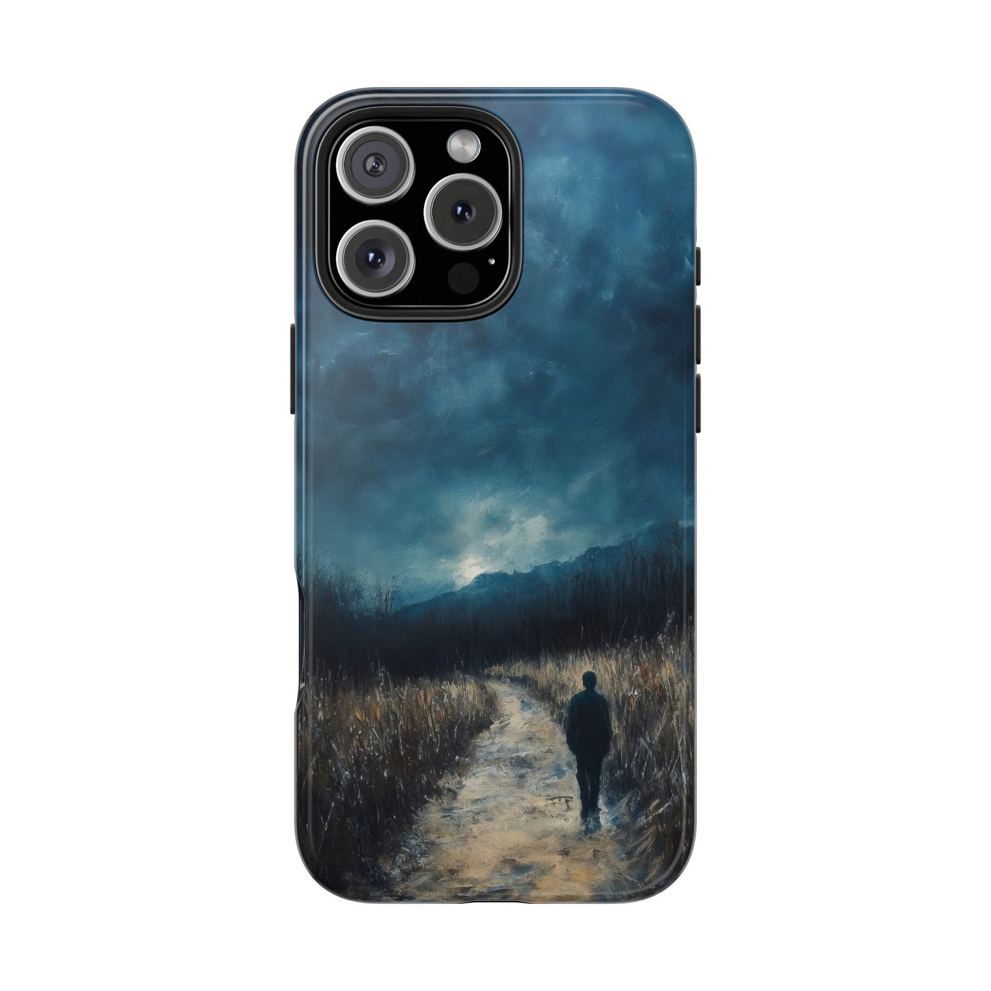 Christian phone case with silhouette walking on tranquil path under moody, spiritual sky