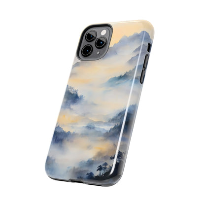 iPhone case with serene watercolor mountain and mist landscape, nature-inspired design