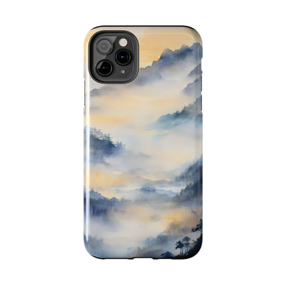 Phone case with misty mountain landscape watercolor design, serene nature art accessory