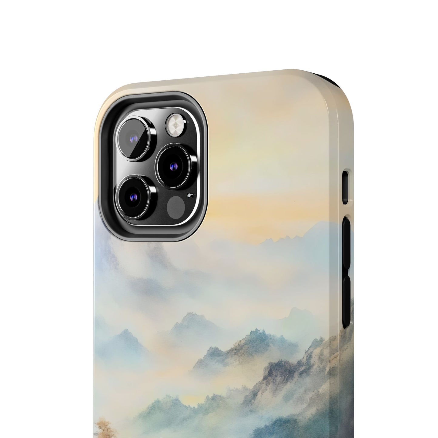 Phone case with serene mountain landscape design in soft pastel colors