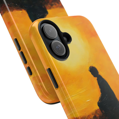 Christian art phone case with silhouette of meditating person against yellow sunset