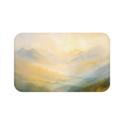 Christian wall art bath mat with soft watercolor mountain sunrise landscape