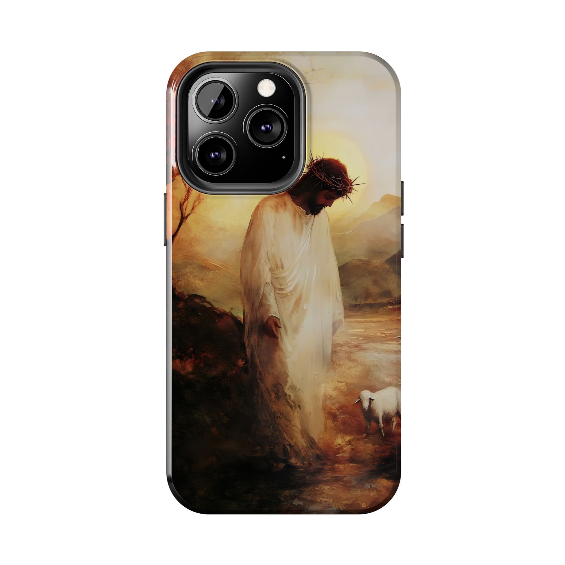 Christian phone case with Jesus in white robe and crown of thorns standing beside a lamb